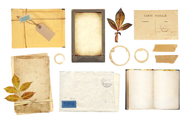 Collection of vintage element for scrapbooking. Set of retro envelope, postcard, open book with empty pages, coffee stain, dry leaf. Isolated on white background. Copy space for text
