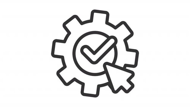 Apply settings icon animation. Animated line cursor click on spinning gear. Check mark. User preferences. Loop HD video with alpha channel, transparent background. Outline motion graphic