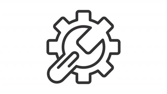 Setup automation icon animation. Animated line wrench turning setting cogwheel. Spinning gear. Technical service. Loop HD video with alpha channel, transparent background. Outline motion graphic