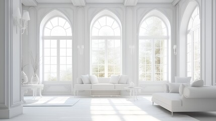 White elegant house interior with big windows