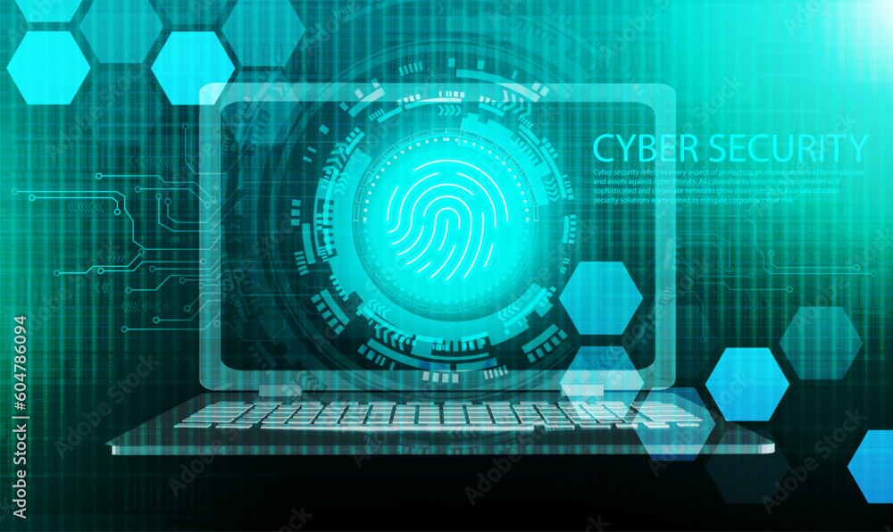 Poster fingerprint scanner icon and round button with laptop and futuristic background.vector illustration