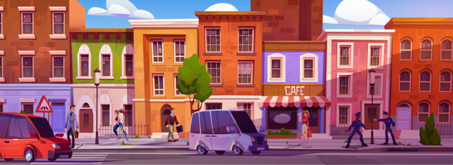 Scandinavian city house and car traffic vector illustration. Building in town street and people on sidewalk district panorama cityscape. Game scene front view background with european townhouse