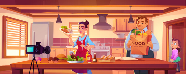 Woman food blogger on kitchen interior vector illustration. Happy mother vlogger cooking online on video for family with camera content. Cook recording at home with smile for education table view