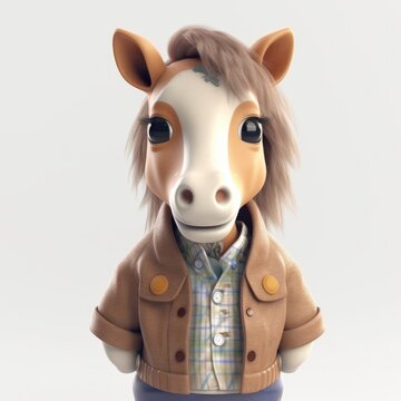 3D cartoon horse portrait wearing clothes, standing in front, generative ai