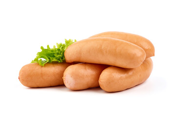 Fresh boiled sausages with lettuce, close-up, isolated on white background.