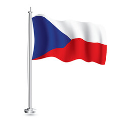 Czech Flag. Isolated Realistic Wave Flag of Czech Republic Country on Flagpole.