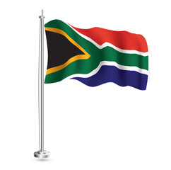 South Africa Flag. Isolated Realistic Wave Flag of South Africa Country on Flagpole.