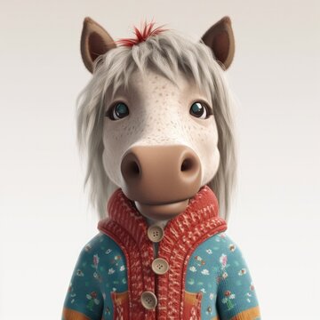 3D cartoon horse portrait wearing clothes, standing in front, generative ai