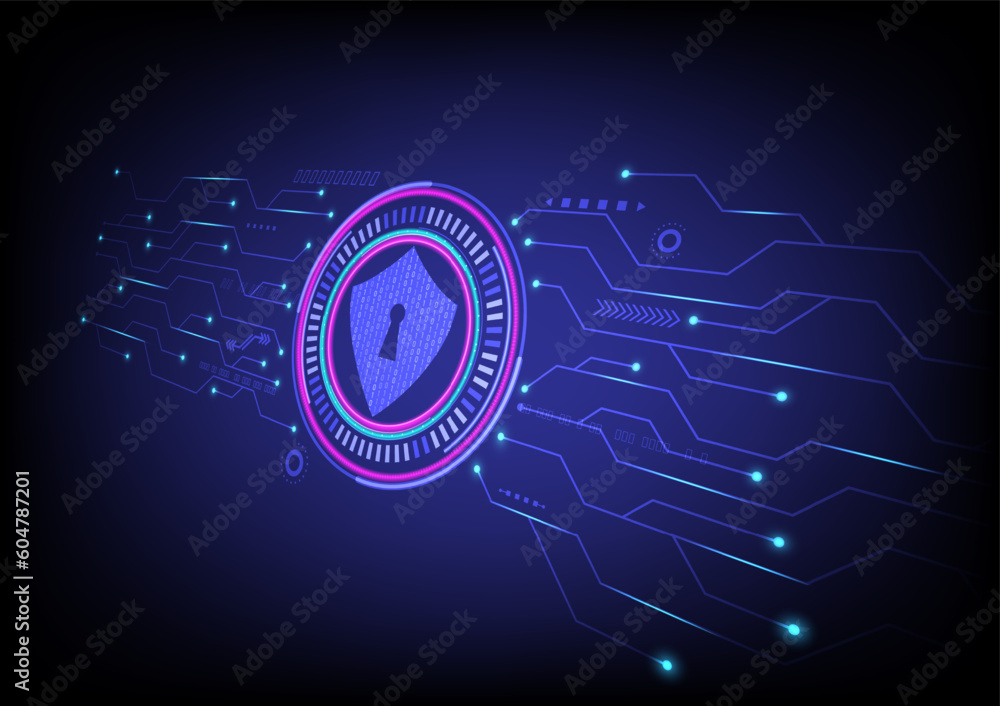 Fototapete Perspective Abstract Technology Background Data access security system Glow Tech Circle with Illuminated Circuits and Elements on Blue Gradient Background.