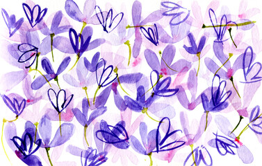 Sfondo con allegri fiorellini viola, illustrazione ad acquerello su sfondo chiaro