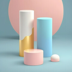 Set of beige, blue, pink and white realistic 3d cylinder pedestal podium in pastel colorful abstract rooms and gold element. Generative AI