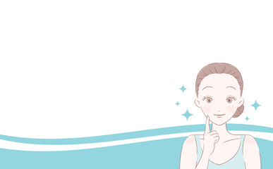 エステ・美容サロンにぴったりのお団子ヘアーの女性イラストとコピースペースのある水分をイメージしたキラキラフレーム素材_フェミニン手描き風ベクター_水色系