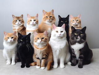 Different types and sizes of cats group. AI generated.