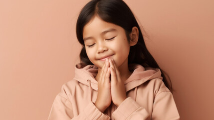 A little girl quietly prays, hands clasped, in a studio pink background. Generative AI