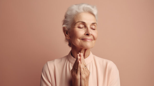 A beautiful senior woman engages in a moment of spiritual connection, her hands clasped in prayer in a studio light pink backgorund. Generative AI