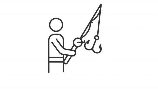 Animated fisherman line icon. Angler holding fishing rod with hook animation. Catching fish. Sport equipment. Loop HD video with alpha channel, transparent background. Outline motion graphic