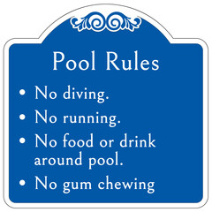 No food or drink in pool area warning sign and labels pool rules