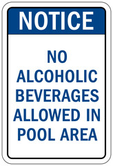 No food or drink in pool area warning sign and labels no alcoholic beverages allowed in pool area