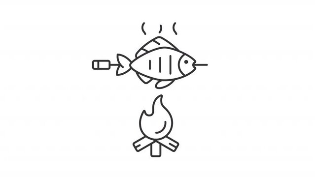 Cooking fresh catch icon animation. Animated line caught fish over bonfire. Camping fire. Food preparation. Loop HD video with alpha channel, transparent background. Outline motion graphic