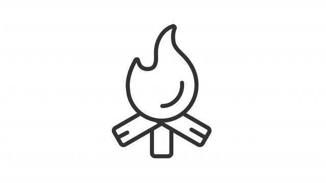 Animated campfire line icon. Camping fire animation. Burning wood. Outdoor recreation. Summer time. Family vacation. Loop HD video with alpha channel, transparent background. Outline motion graphic