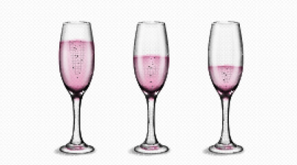 Flute glass with rose pink bubble wine isolated vector on transparent background. Realistic wedding party sparkling prosecco wineglass toast. Luxury goblet with stem grape drink illustration design