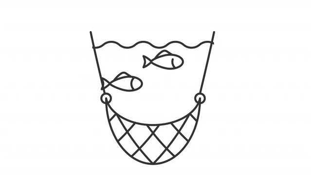 Animated fishing net line icon. Catching fish with net animation. Boat accessory. Deep sea. Marine life. Loop HD video with alpha channel, transparent background. Outline motion graphic