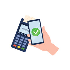 Payment terminal and hand holding smartphone flat style