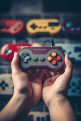 A close-up shot of a person hands holding a retro game controller, evoking the nostalgia of 90s video gaming. Generative Ai