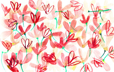 Sfondo primaverile con delicati e allegri fiori rossi e rosa ad acquerello su sfondo chiaro
