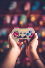 A close-up shot of a person hands holding a retro game controller, evoking the nostalgia of 90s video gaming. Generative Ai