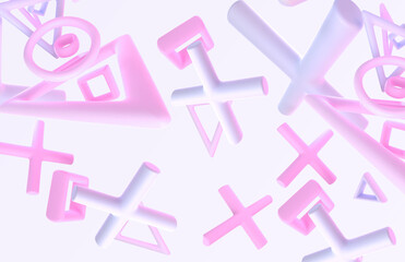 3D background with abstract geometry shapes. Matte pink purple figures in motion, flying crosses, rings, triangles and squares with gradient texture, modern design elements, wallpaper. 3D illustration