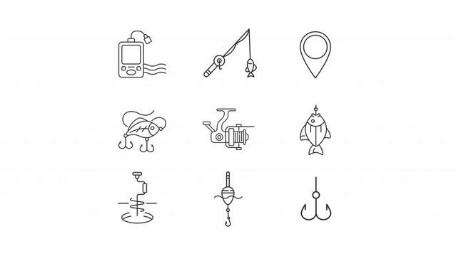 Animated fishing tackle line icons. Boat accessory animation. Sport equipment. Fishing hook. Catching fish. Deep sea. Loop HD video with alpha channel, transparent background. Outline motion graphic
