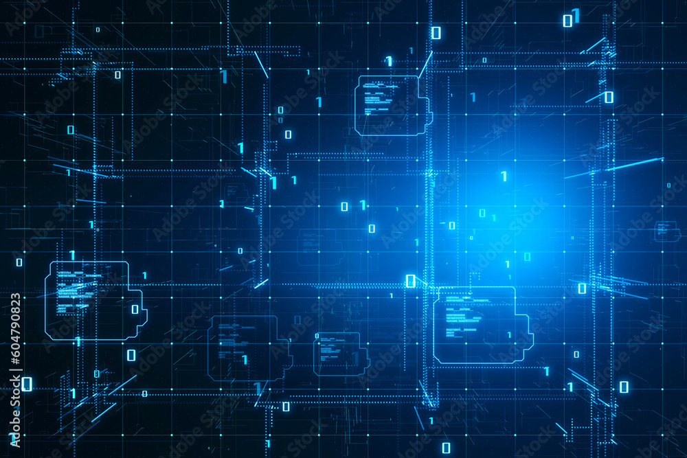 Fototapete Digital binary code matrix background with scientific technology data of network transmission and connectivity, complexity and data flow of the modern digital age. 3D rendering