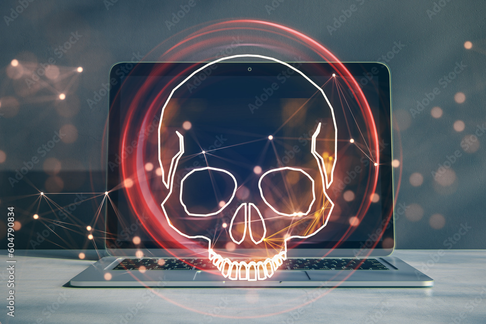 Poster hacking attack and online piracy creative concept with red skull digital hologram on modern laptop b