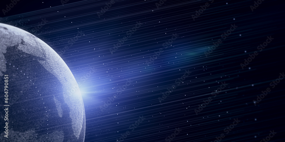 Poster creative glowing blue polygonal earth hologram with lines and sparkles on dark background. metaverse