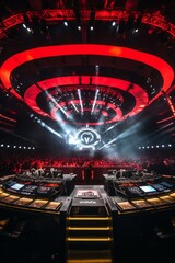 An image of a DJ booth surrounded by an impressive stage setup, complete with LED screens and lighting effects, emphasizing the professional production value of the event. Generative AI