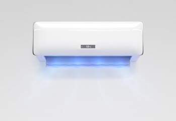Air conditioner with flow of cold wind wave 3d render. Split system, cooler with blowing fresh clean blue air for home and office. Realistic mockup of electronic appliance front view. 3D illustration