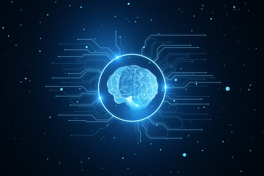 Science, Research And Technology Digital Interface Concept With Blue Human Brain Layout On Dark Background With Circuit. Hightech And Digitalization Concept. 3D Rendering