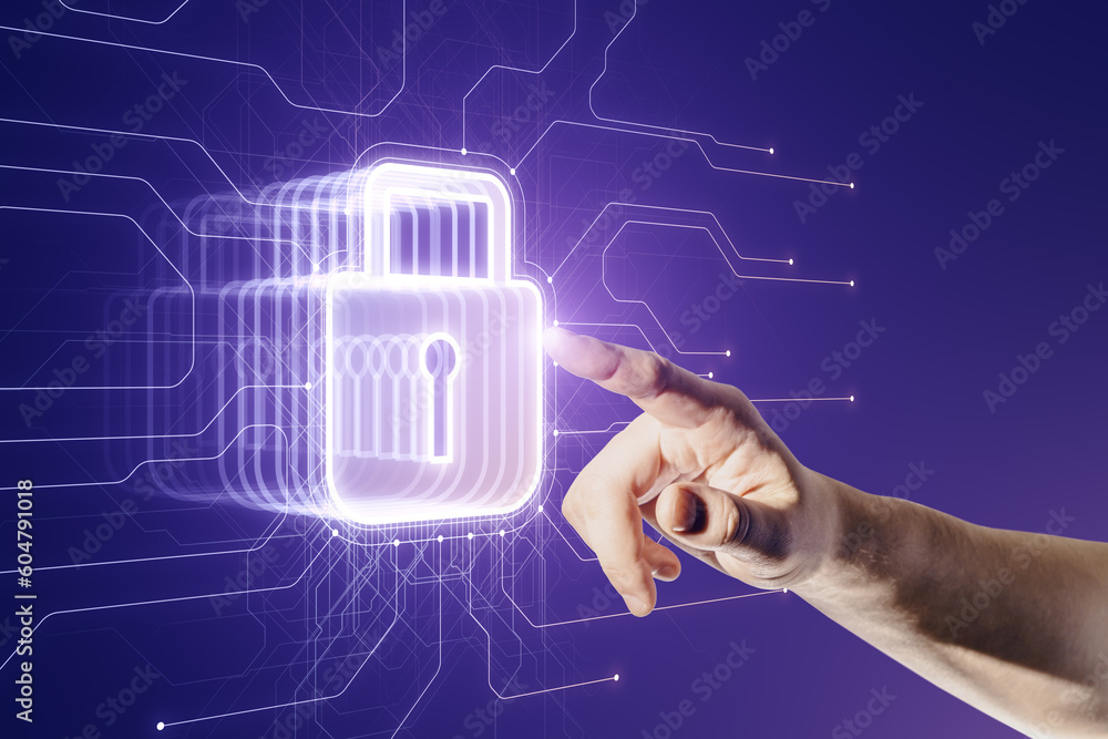 Poster close up of male hand pointing at glowing security padlock on blurry background. digital interface a