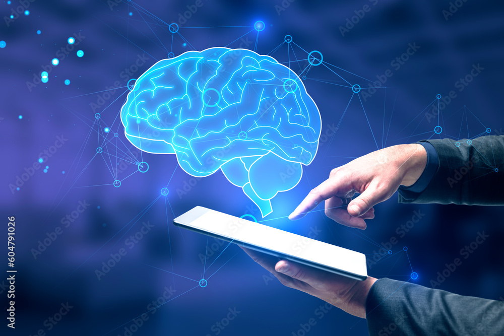Poster innovation technologies, ai, artificial intelligence and science concept with businessman using digi