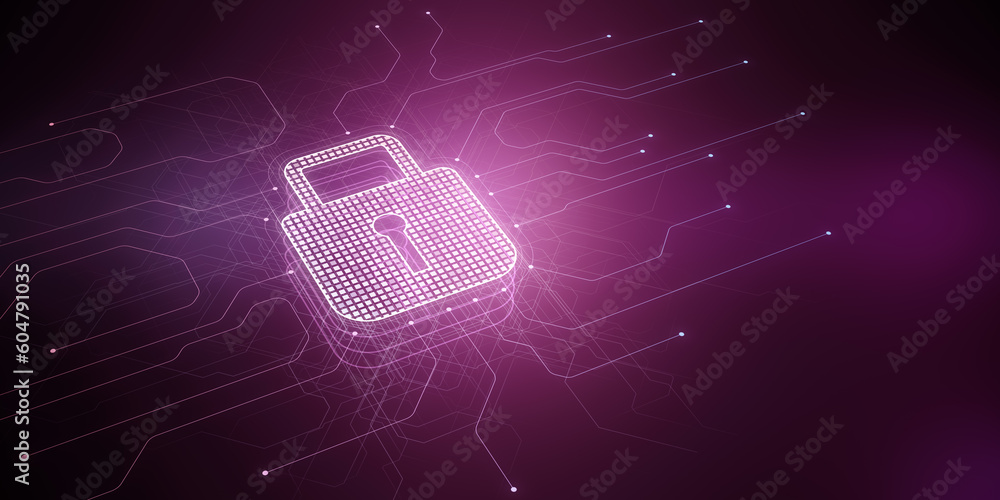 Aufkleber Glowing security padlock on purple background. Digital interface and protection concept. 3D Rendering.