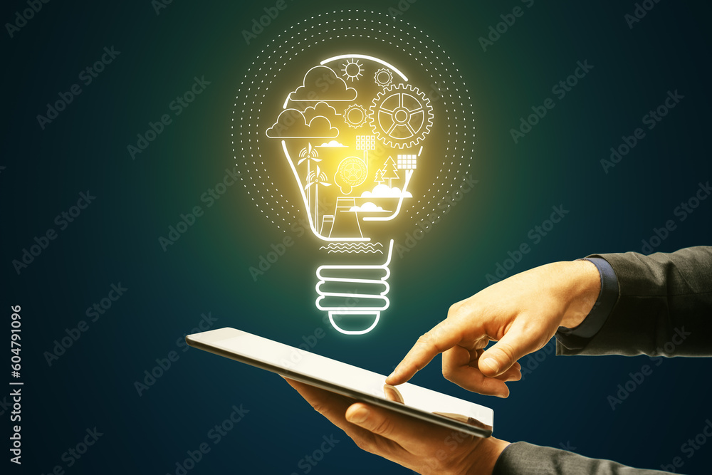 Poster close up of businessman hand using smartphone with abstract digital lamp hologram on blue background