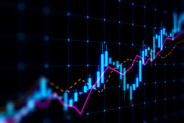 Stock market growth, business investing and data concept with digital financial chart graphs, diagrams and indicators on dark blue blurry background. 3D rendering