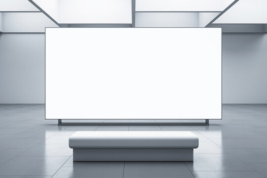 Front view on big white blank tv screen with space for advertising poster or picture frame or campaign in abstract exhibition hall interior with concrete floor on background. 3D rendering, mockup