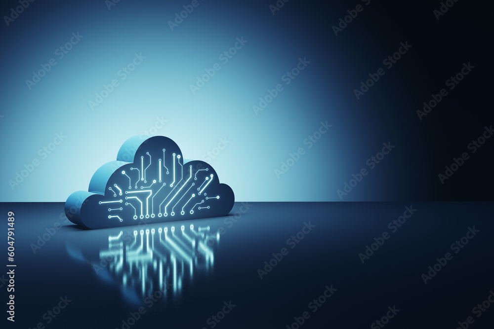 Poster Cloud technology, data exchange and storage concept with digital cloud symbol with circuit on dark blue abstract technological background with empty place for your logo. 3D rendering, mockup