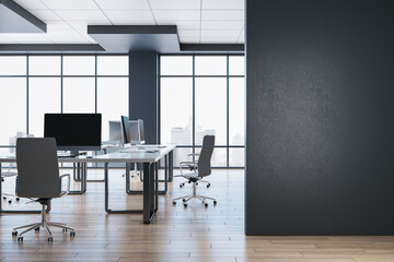 Clean minimal coworking office interior with blank mock up place, wooden flooring, furniture and panoramic windows with city view. 3D Rendering.