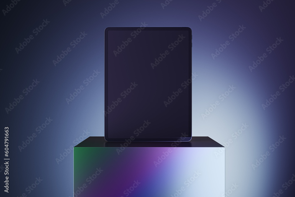 Aufkleber Empty black screen pad on creative square pedestal placed on light gradient background with mock up place. Ad concept. 3D Rendering.