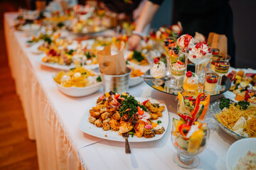 light snacks for the holiday, catering. Various light snacks. Catering plate. Assortment of sandwiches on the buffet table. meat, fish, vegetable canapes.
