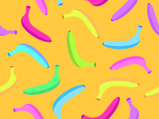 Seamless pattern with colorful bananas on a orange background. Exotic multi-colored bananas in the style of the 80s. Design for posters, wrapping paper and wallpapers. Vector illustration