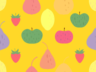 Seamless pattern with apples, strawberries and lemons and a pear on a yellow background. Summer fruit pattern. Design for printing on fabric, paper and banners. Vector illustration